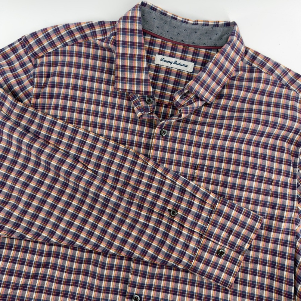 Tommy Bahama Mens Large Purple Orange Plaid Cotton Stretch Button Front Shirt